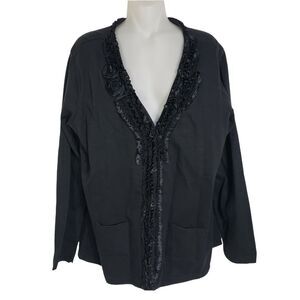 Krazy Kat Womens Cardigan Sweater Size Large Black Ruffle Trim Pockets Rosette